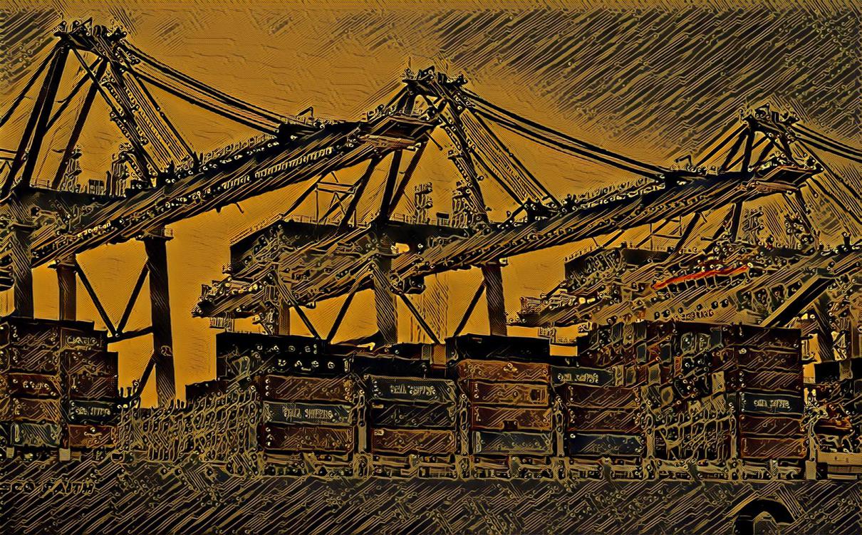 Container ship in copper circuit overlay