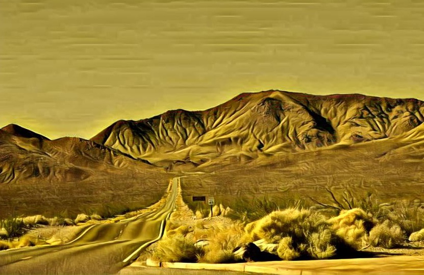 Empty road into Death Valley, Dali Three filter — looking ahead